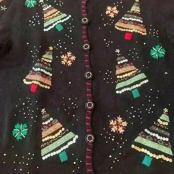 Vintage Christmas Beaded Sequin Sweater Cardigan Size Medium Ugly Christmas - Picture 14 of 15